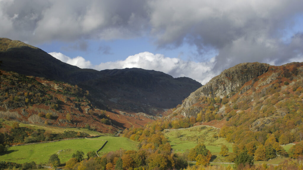 England, Cumbria, Lake District National Park. looking from Cumbria way track near Tarn Hows wood towards Yewdale and holme fell