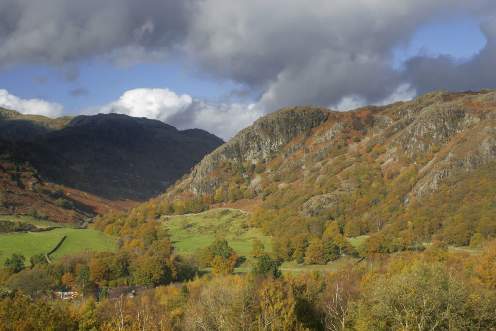 England, Cumbria, Lake District National Park. looking from Cumbria way track near Tarn Hows wood towards Yewdale and holme fell