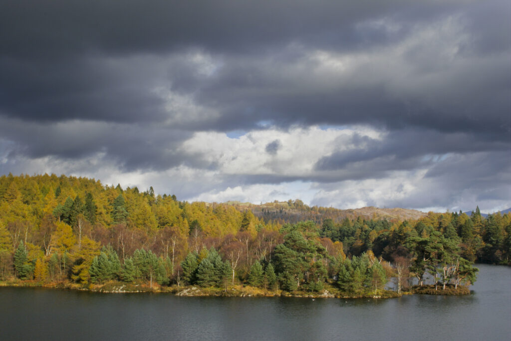 ENGLAND Cumbria Lake District National Park Storm clouds clear above Tarn Hows and surrounding woodland on the Cumbria Way