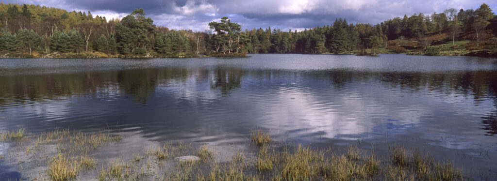 ENGLAND, Cumbria, Lake District National Park. Storm clouds clear above the tranquil waters of Tarn Hows, on the 'Cumbria Way'.