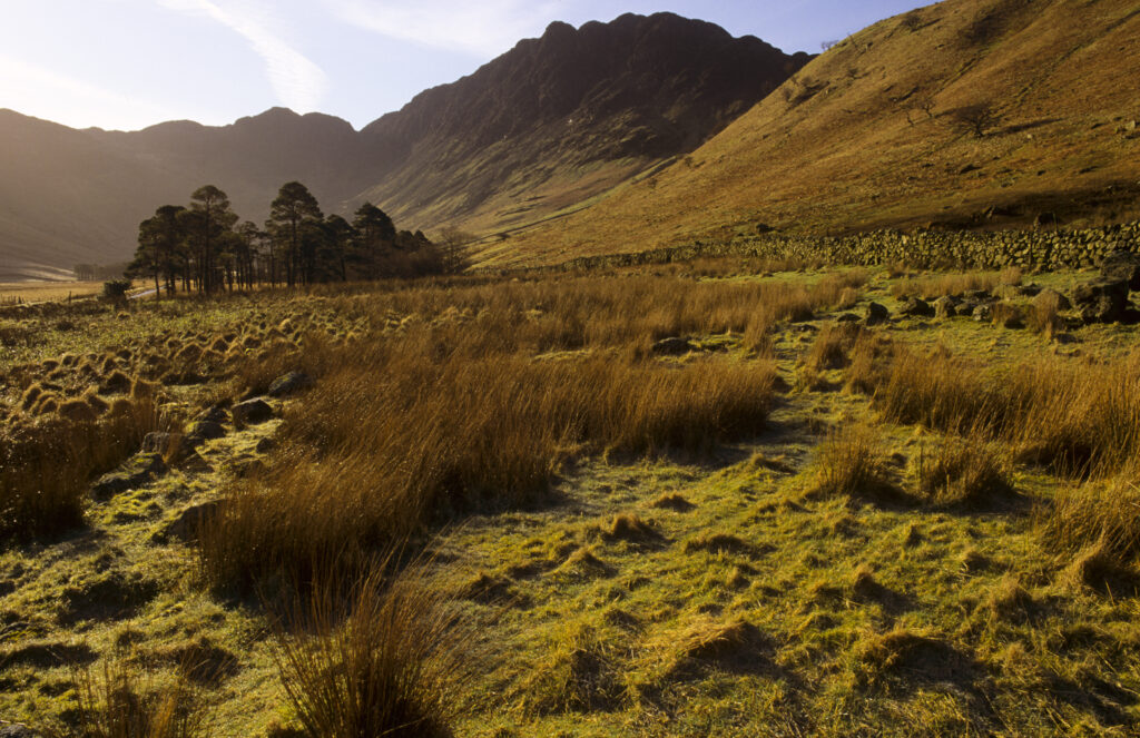 ENGLAND, Cumbria, Lake District National Park. The surrounding landscape of Peggy's Bridge with Fleetwith Pike in the distance.
