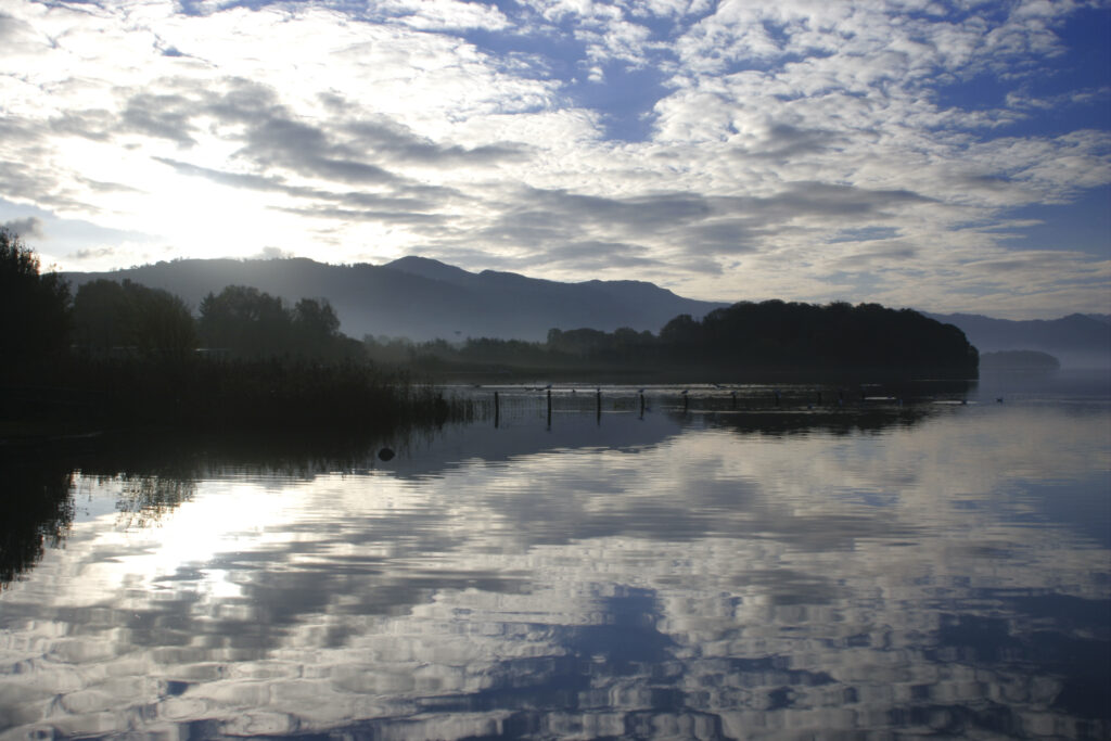 ENGLAND Cumbria Lake District National Park The surrounding woodland mountain and dawn clouds reflected in Derwentwater