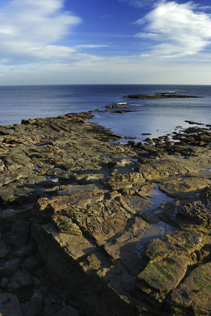 England, Tyne and Wear, Cullercoats. Looking out across a rocky coastline towards the expanse of the North Sea