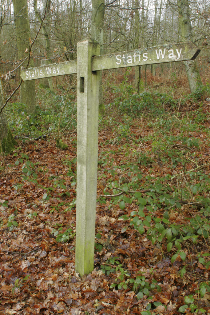 England, West Midlands, Highgate Common. A public footpath sign indicating the route of the Staffordshire Way