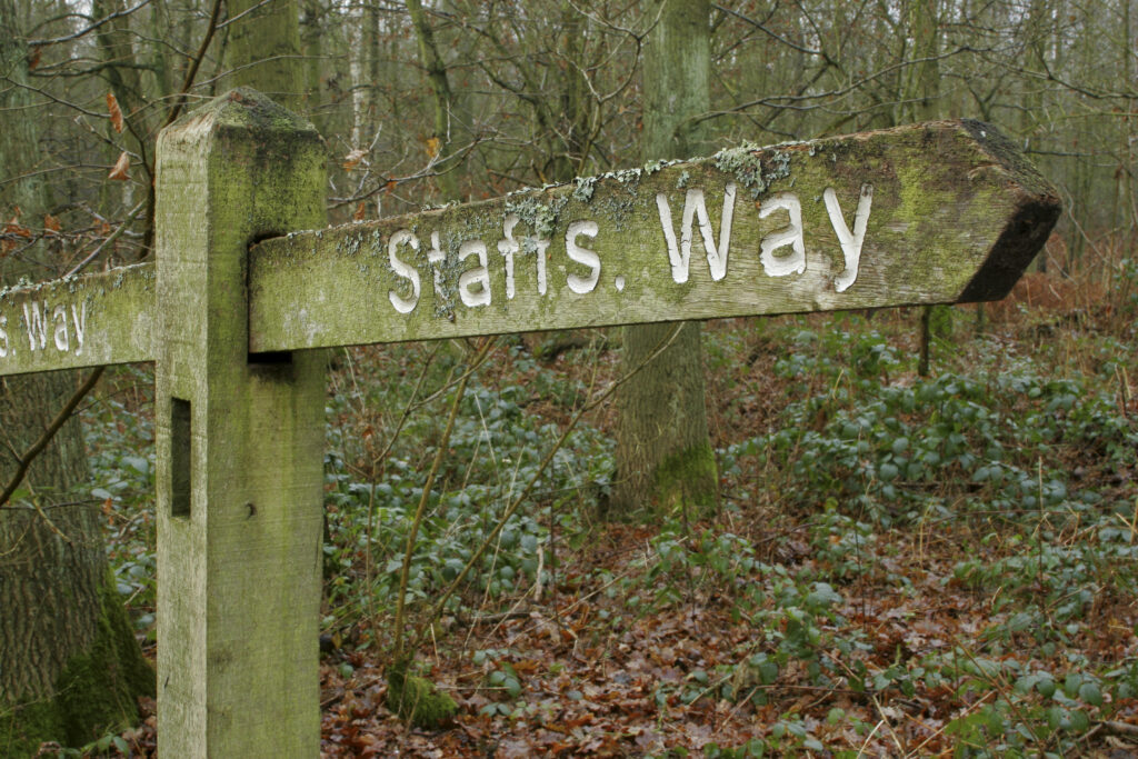 England, West Midlands, Highgate Common. A public footpath sign indicating the route of the Staffordshire Way
