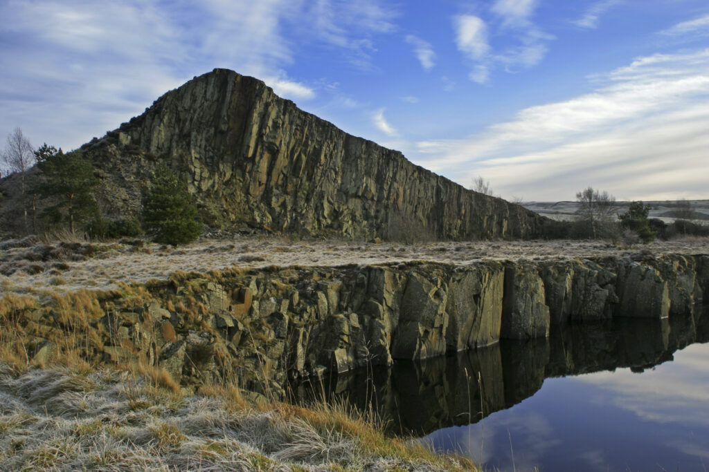 ENGLAND, Northumberland, Cawfields. A winter view of the Great Whin Sill at Cawfields near the town of Haltwhistle