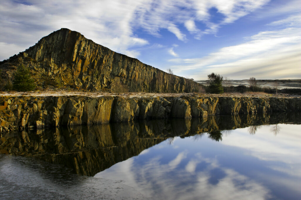 ENGLAND, Northumberland, Cawfields. A winter view of the Great Whin Sill at Cawfields near the town of Haltwhistle