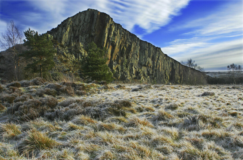 ENGLAND, Northumberland, Cawfields. A winter view of the Great Whin Sill at Cawfields near the town of Haltwhistle