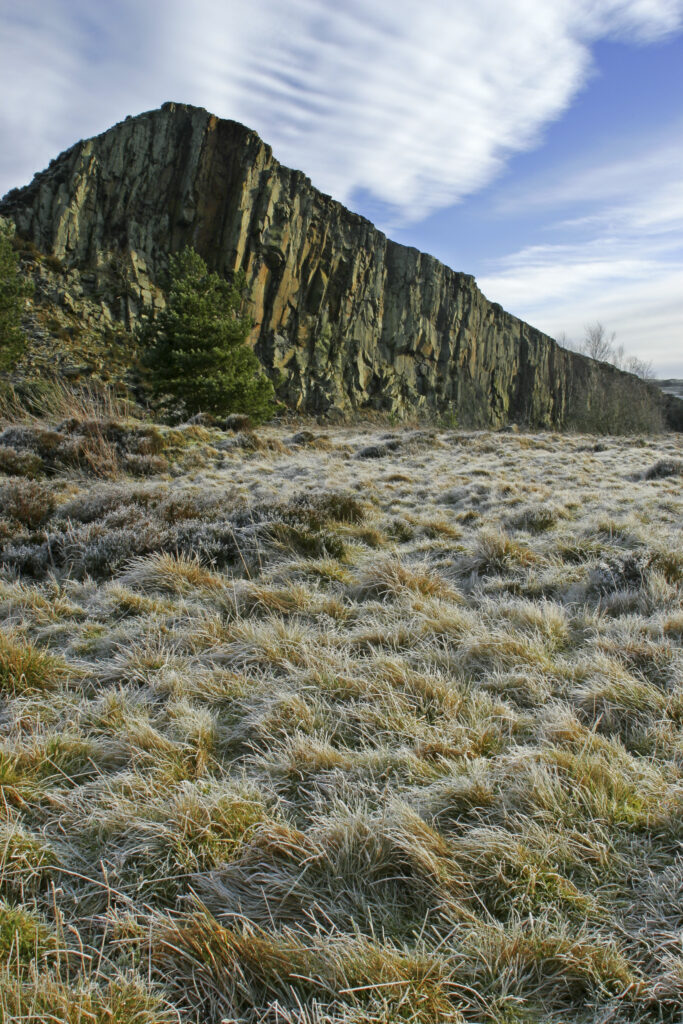 ENGLAND, Northumberland, Cawfields. A winter view of the Great Whin Sill at Cawfields near the town of Haltwhistle