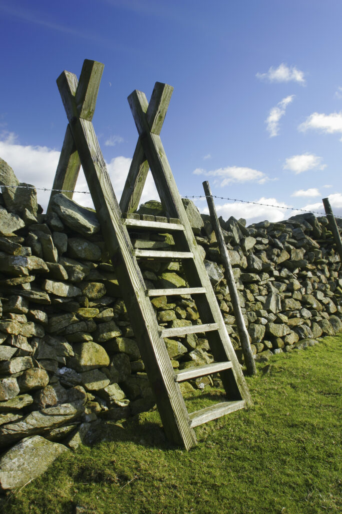 England, Cumbria, Lake District National Park. A ladder stile over a dry stone wall near Tottlebank on the Cumbria Way