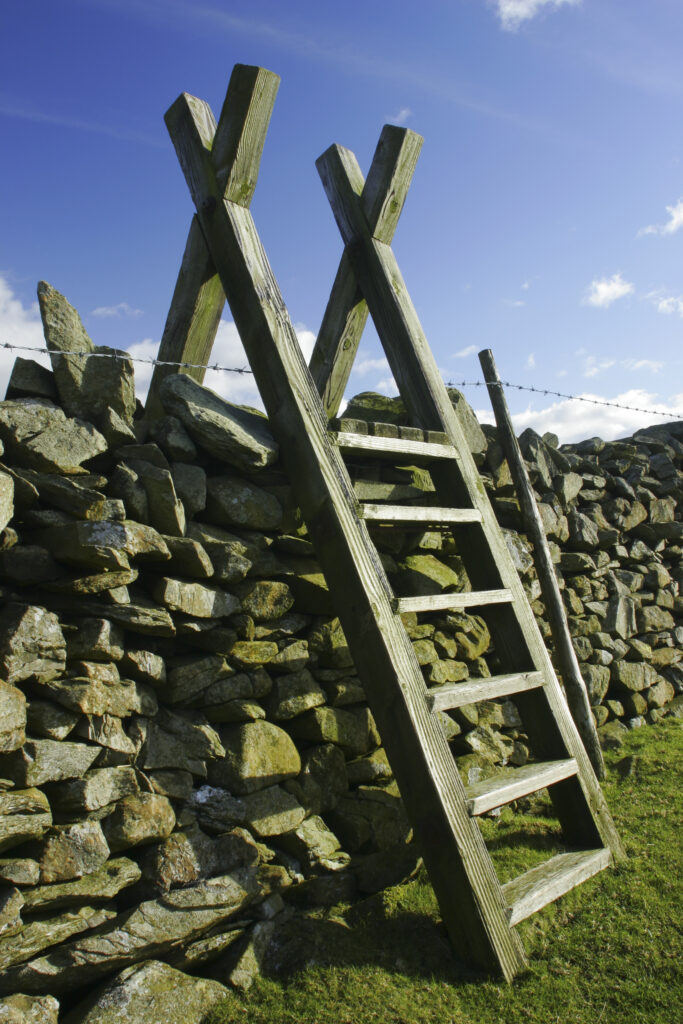 England, Cumbria, Lake District National Park. A ladder stile over a dry stone wall near Tottlebank on the Cumbria Way
