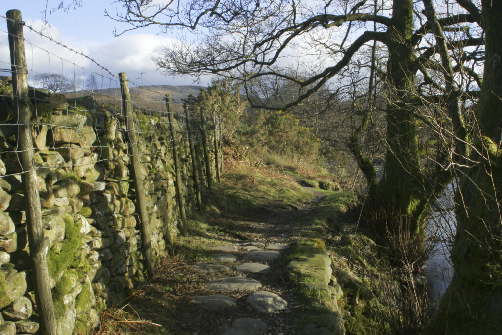 England, Cumbria, Lake District National Park. The cumbria way track heading south after crossing the bridge across Torver Beck
