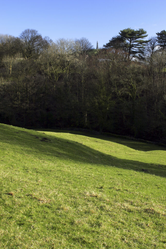 ENGLAND, Cumbria, Ulverston. Fields and woodland viewed from path heading to Old Hall Farm, on the Cumbria Way