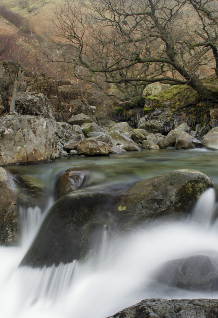 ENGLAND, Cumbria, Lake District National Park. The fast flowing waters of the Gallen Force near Stonethwaite.