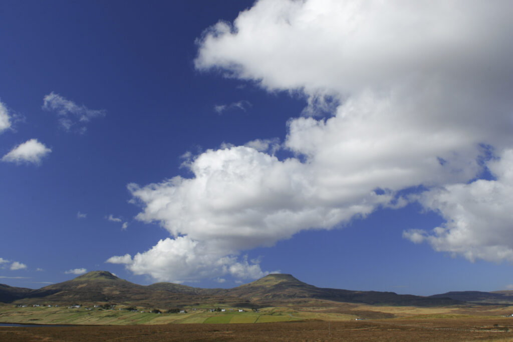 Scotland The Isle Of Skye Macleods Tables Cloud formations above Healabhal Mhòr and Healabhal Bheag near Dunvegan