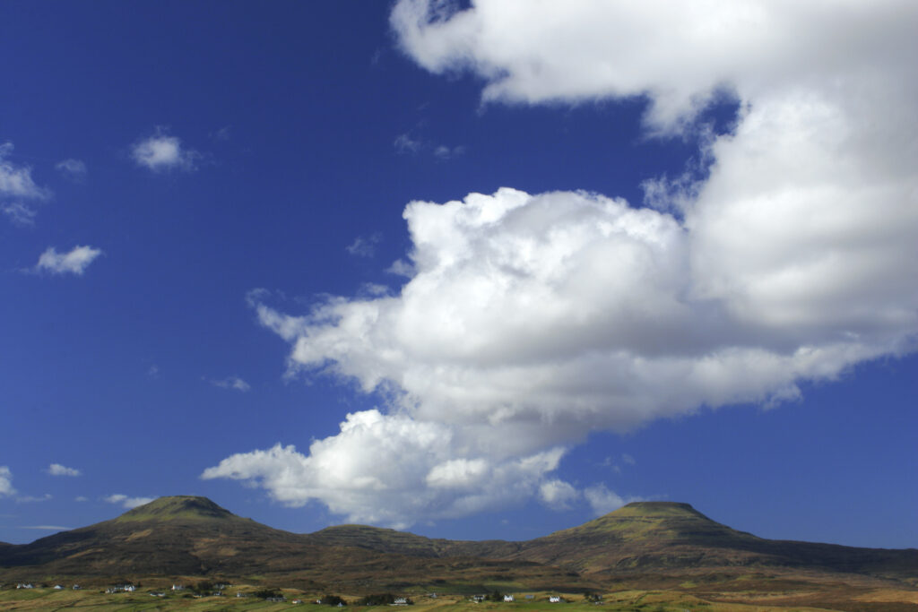 Scotland The Isle Of Skye Macleods Tables Cloud formations above Healabhal Mhòr and Healabhal Bheag near Dunvegan