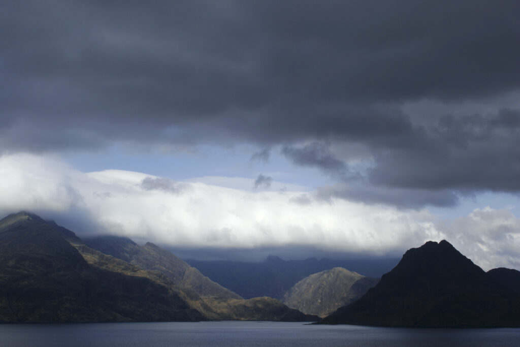 Scotland Isle Of Skye Loch Scavaig Looking across the sea loch north of Elgol towards the peaks of the Black Cuillins