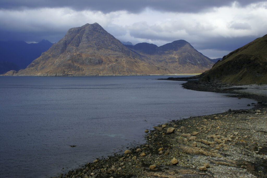 Scotland Isle Of Skye Loch Scavaig Looking across the sea loch north of Elgol towards the peaks of the Black Cuillins
