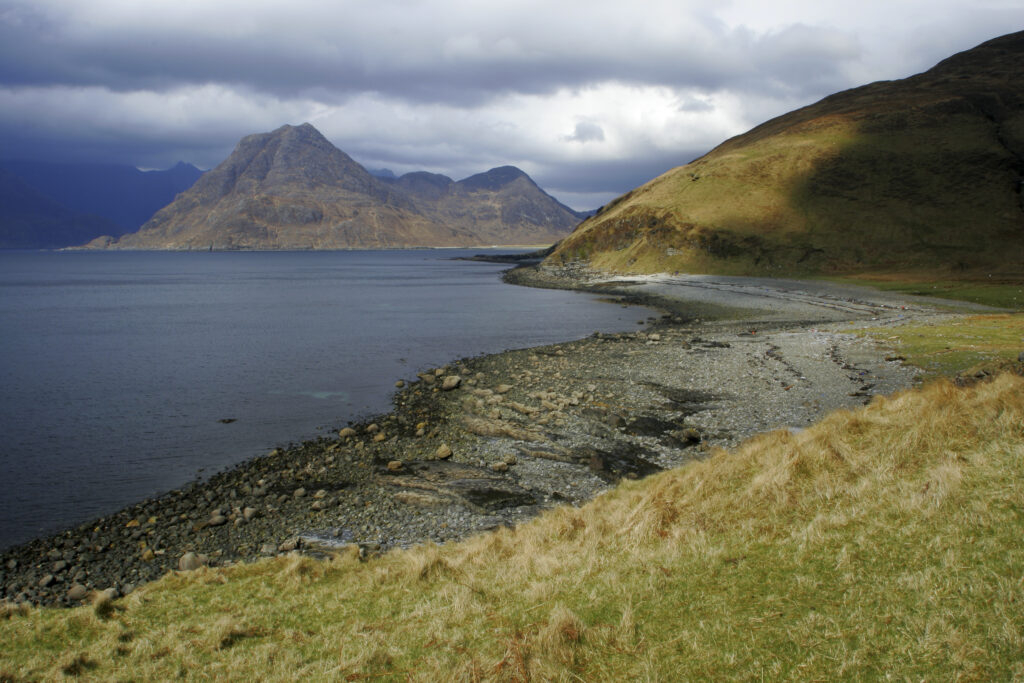 Scotland Isle Of Skye Loch Scavaig Looking across the sea loch north of Elgol towards the peaks of the Black Cuillins