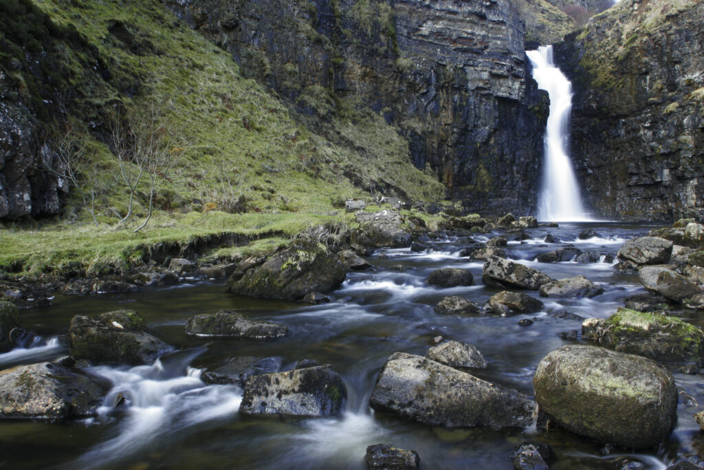 Scotland Isle of Skye Inver tote The tranquil waterfall of the Lealt river running through the gorge near inver tote