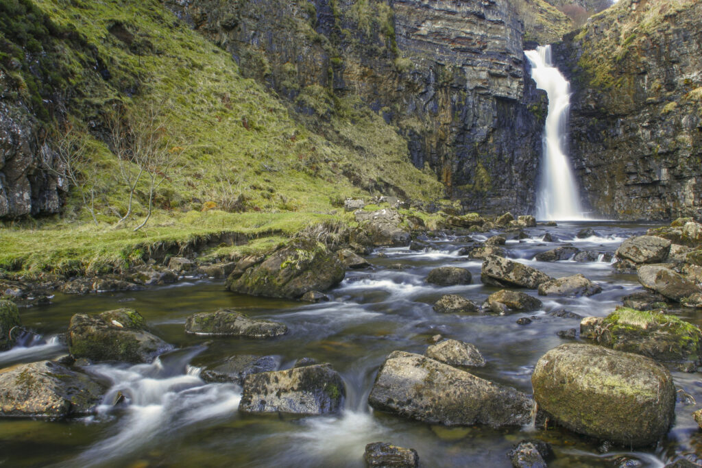 Scotland Isle of Skye Inver tote The tranquil waterfall of the Lealt river running through the gorge near inver tote