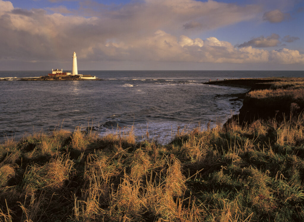 Late afternoon light bathes the coastline of the North Tyneside Coast near Whitley Bay, looking towards the St Marys Island and Lighthouse.