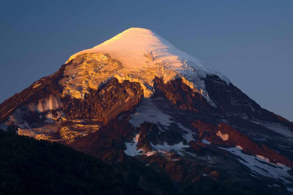 argentina, The Lake District, Parque Nacional Lanin. Lanin volcanoe, an ice-clad, cone-shaped stratovolcano on the border of Argentina and Chile.