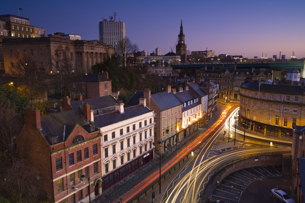 England, Tyne and Wear, Newcastle Upon Tyne. Dawn looking over Sandhill and the varied skyline of Newcastle Upon Tyne.