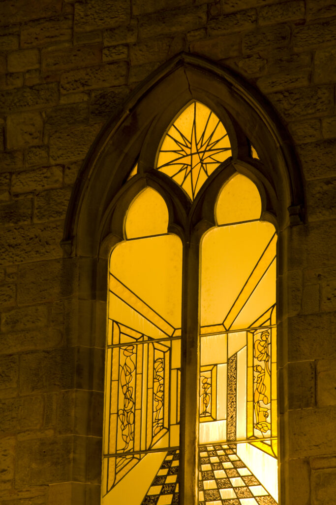 Scotland, Edinburgh, Queen's Gallery. Unusual stained glass window on the Queen's Gallery Building.