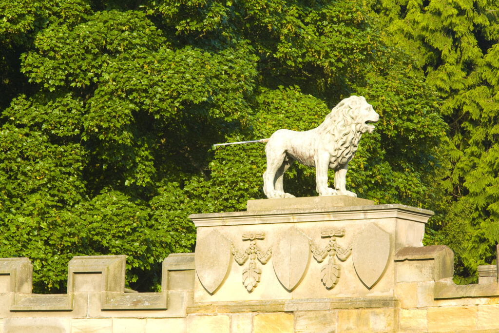 England, Northumberland, Alnwick. Lion Bridge near Alnwick castle which is one of the finest medieval castles to be found in England. Often referred as 'The Windsor of the North', it was also a Harry Potter Movie set.