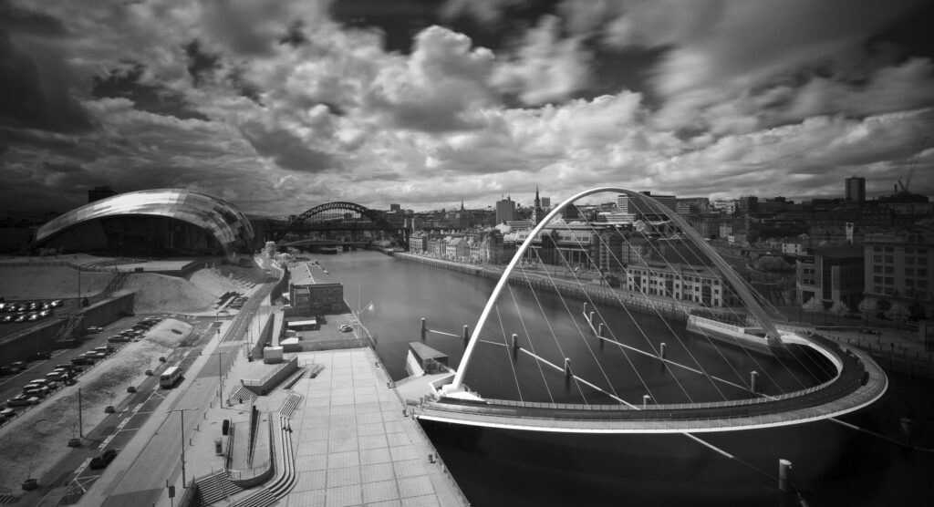 England, Tyne and Wear, Newcastle Upon Tyne. The Gateshead Millennium Bridge, Sage, Tyne Bridge, Newcastle upon Tyne & Gateshead river quayside.