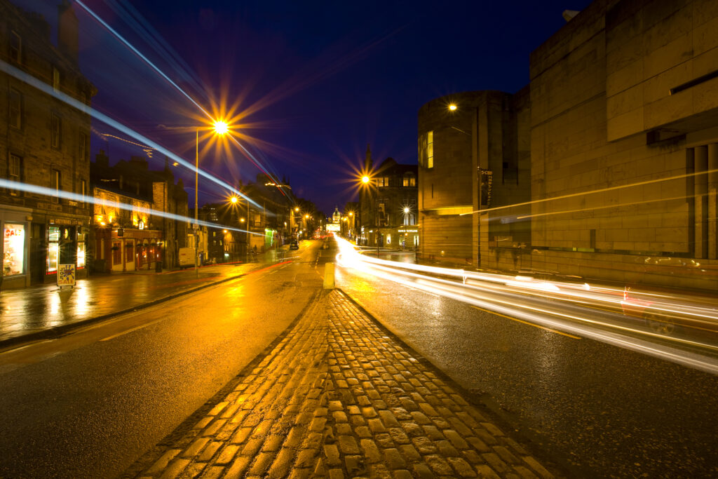 Scotland, Edinburgh, Edinburgh City. Rush hour traffic near the National Museum of Scotland.