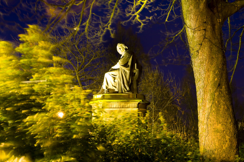Scotland, Edinburgh, West Princes Street Gardens. Statue of Sir James Young Simpson, a Scottish doctor who pioneered the use of chloroform as an anesthetic.