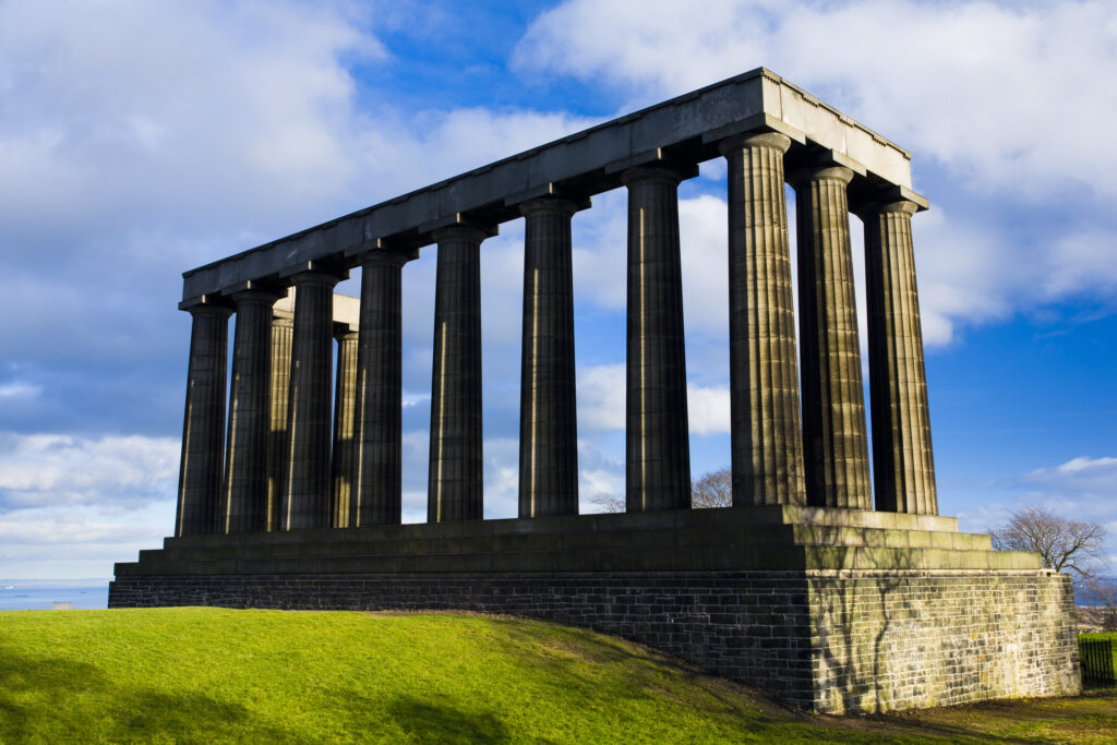 Scotland, Edinburgh, Calton Hill. The National Monument on Calton Hill, known by many as Edinburgh's Disgrace as it is considered to be an incomplete construction due to lack of available funds.