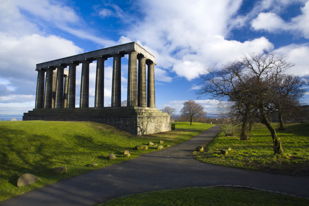 Scotland, Edinburgh, Calton Hill. The National Monument on Calton Hill, known by many as Edinburgh's Disgrace as it is considered to be an incomplete construction due to lack of available funds.