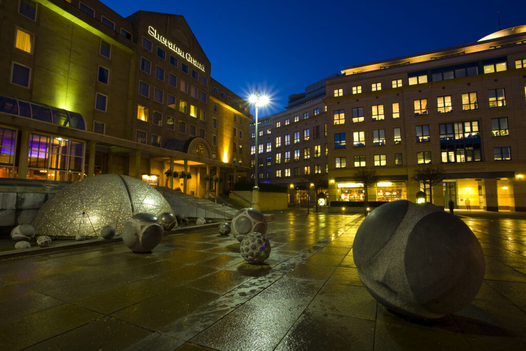 Scotland, Edinburgh, Festival Square. The Sheraton Grand Hotel and the surrounding modern buildings of Festival Square.