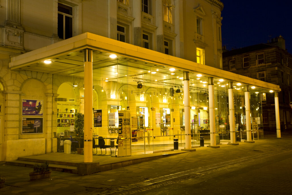 Scotland, Edinburgh, Royal Lyceum Theatre. Originally opened in the September of 1883 for the cost of £17,000, the glass foyer pictured here was added to the Royal Lyceum Theatre in 1991.