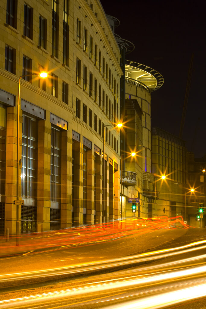Scotland, Edinburgh, Edinburgh City. Busy traffic on the West Approach Road running through the financial district.