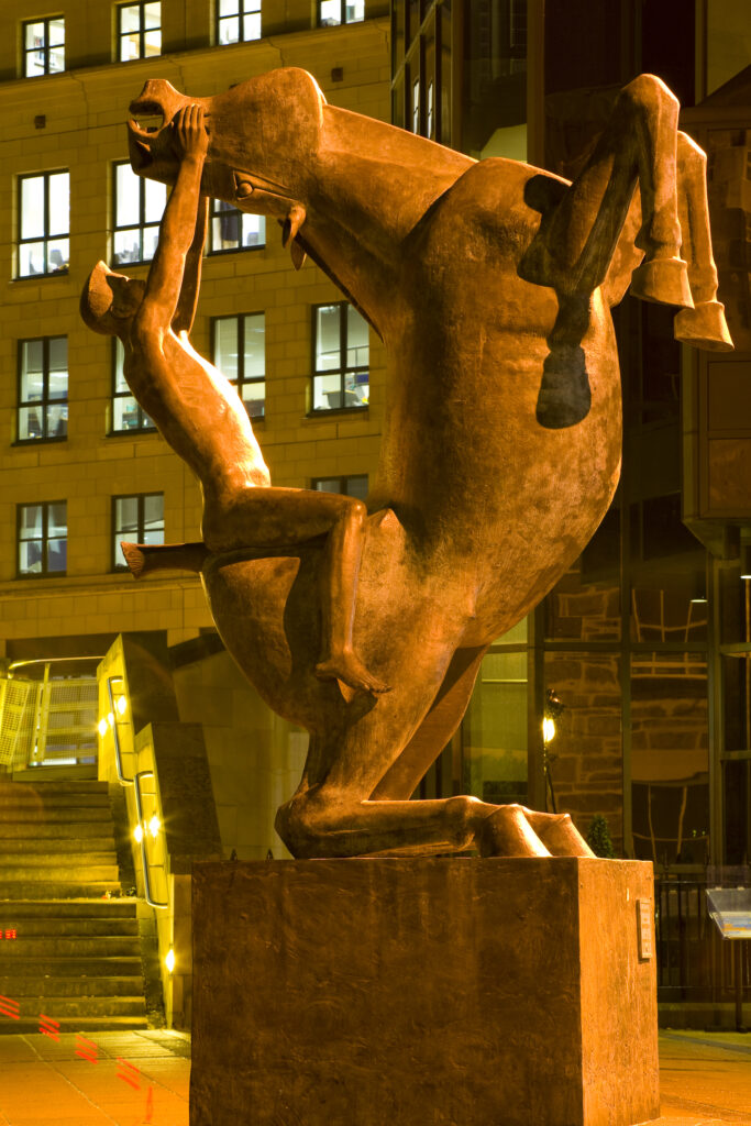Scotland, Edinburgh, Edinburgh City. 'Horse and Rider' sculpture by Eoghan Bridge, situated in Rutland Court.