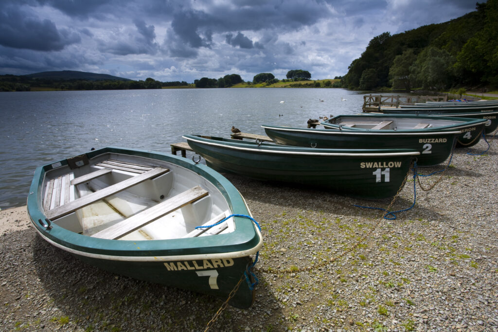 England, Cumbria, Talkin Tarn Country Park. Rowing boats on the shore of the Talkin Tarn near Carlisle.