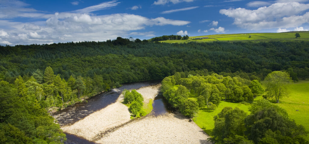 England, Northumberland, Lambley Viaduct. The River South Tyne flowing through a valley of woodland and fields, viewed from the Lambley Railway Viaduct.