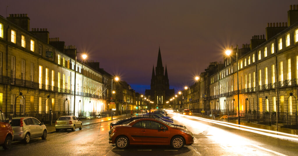 Georgian architecture in Melville Street, with the St. Mary's Cathedral in the distance.