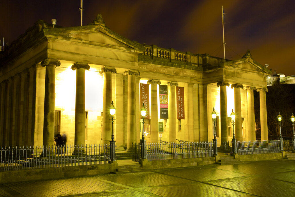 Scotland, Edinburgh, The Mound. The neoclassical style National Gallery of Scotland building, designed by William Henry Playfair, was opened to the public in 1859.