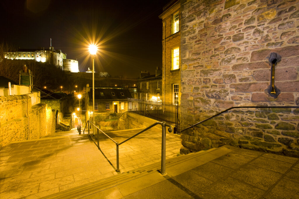 Scotland, Edinburgh, Edinburgh City. The Flodden Wall, constructed after the death of King James IV during the Battle of Flodden, was constructed as a means to defend the city from invaders. Remains of the wall are visible here and now form part of the Vennel heading towards the Grassmarket.