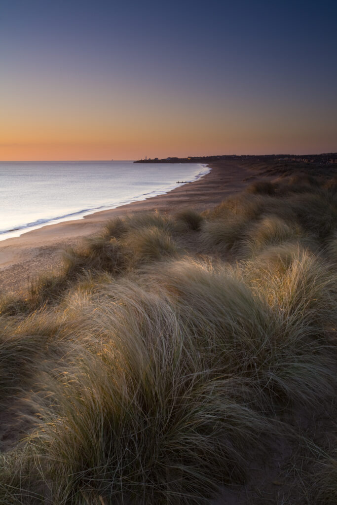 England, Northumberland, Blyth Beach. Blyth Beach and sand dunes at sunrise, looking south towards Seaton Sluice.