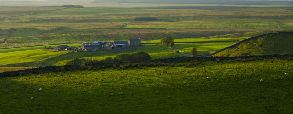 England, Northumberland, Hadrian's Wall. Farmhouse and surrounding Northumberland countryside.