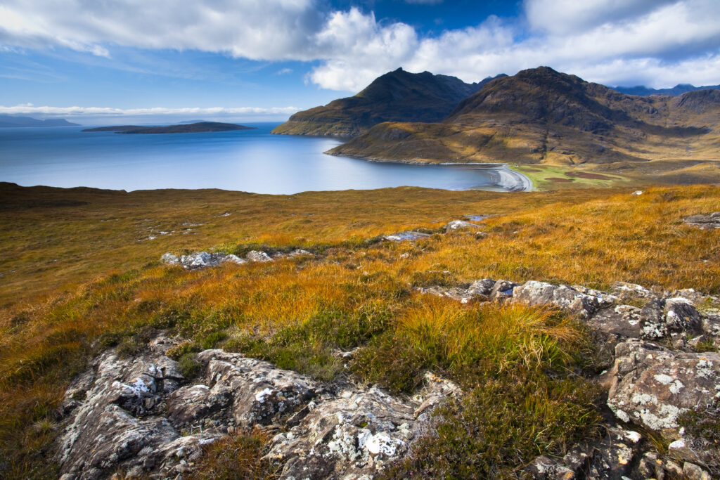 Scotland, Isle of Skye, Loch Scavaig. Looking across Loch Scavaig towards the Cuillin Hills and the Isle of Soay.