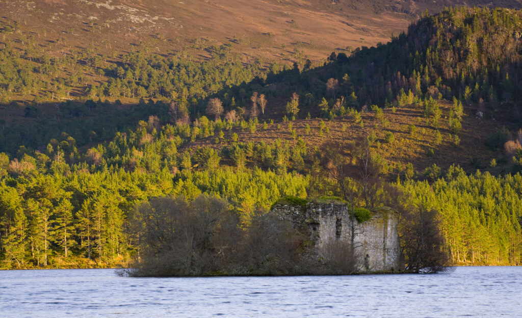 Scotland, Scottish Highlands, Cairngorms National Park. Castle located on Loch an Eilein, surrounded by the Caledonian Forest of the Rothiemurchus Estate.