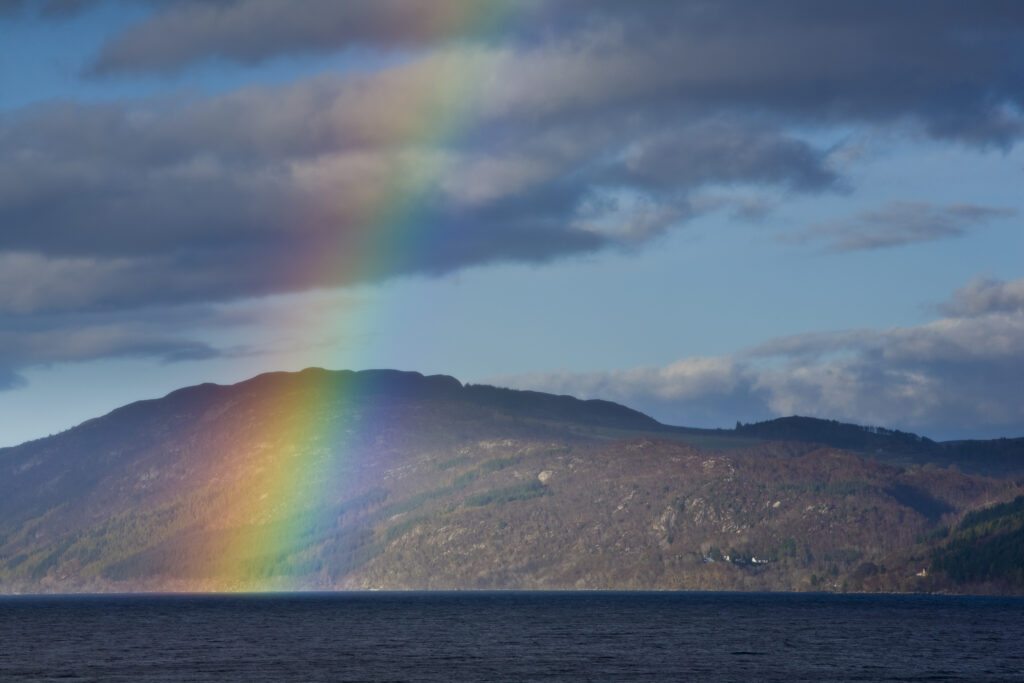 Scotland, Scottish Highlands, Loch Ness. A rainbow over Loch Ness, Great Glen.