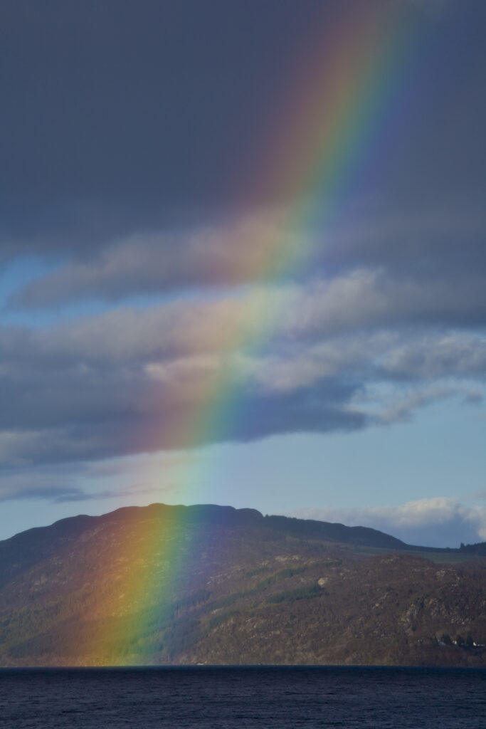 Scotland, Scottish Highlands, Loch Ness. A rainbow over Loch Ness, Great Glen.